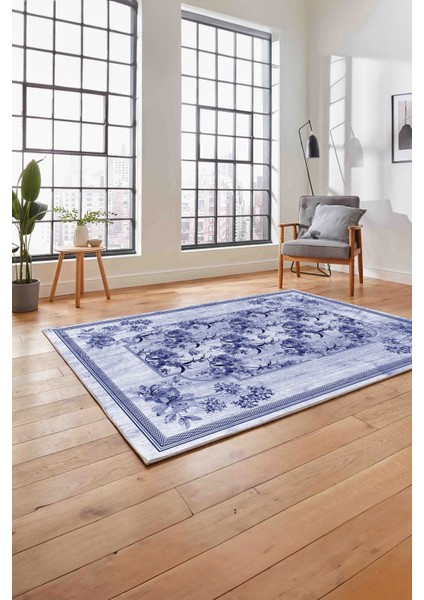 Baskılı Modern Çerçeveli Çiçekli Yıkanabilir Kaymaz Yolluk Mutfak Salon Halısı, MODERN-209-LACİVERT, fırsatları