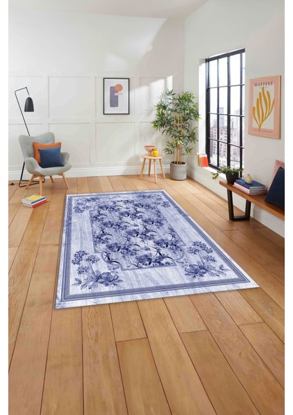 Baskılı Modern Çerçeveli Çiçekli Yıkanabilir Kaymaz Yolluk Mutfak Salon Halısı, MODERN-209-LACİVERT, indirimleri