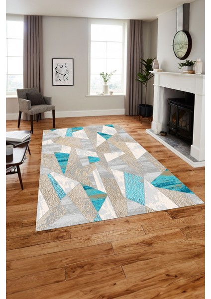 Baskılı Modern Mermer Motifli Yıkanabilir Kaymaz Yolluk Mutfak Salon Halısı, MODERN-170-TURKUAZ,