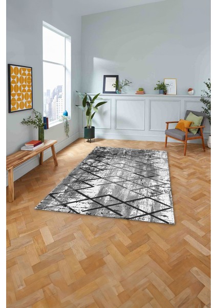 Baskılı Modern Çizgili Desen Yıkanabilir Kaymaz Yolluk Mutfak Salon Halısı, MODERN-171-GRİ,