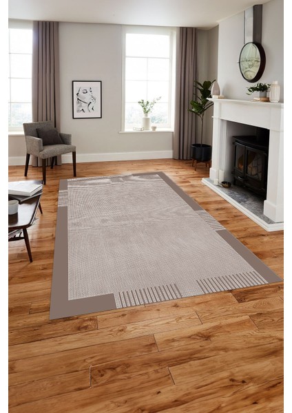 Baskılı Modern Sade Çerçeve Model Yıkanabilir Kaymaz Yolluk Mutfak Salon Halısı, MODERN-183-VİZON,