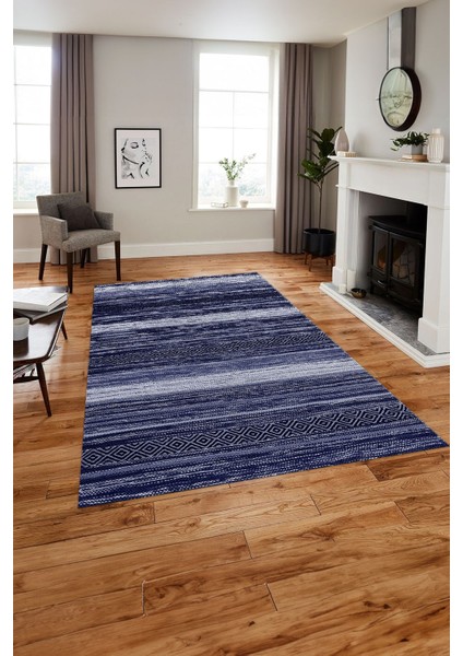 Baskılı Modern Kilim Görünümlü Yıkanabilir Kaymaz Yolluk Mutfak Salon Halısı, MODERN-185-LACİVERT,