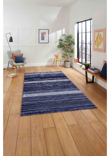 Baskılı Modern Kilim Görünümlü Yıkanabilir Kaymaz Yolluk Mutfak Salon Halısı, MODERN-185-LACİVERT, indirimleri