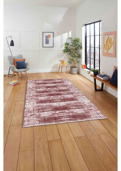 Baskılı Modern Zigzag Modelli Yıkanabilir Kaymaz Yolluk Mutfak Salon Halısı, MODERN-205-BORDO,