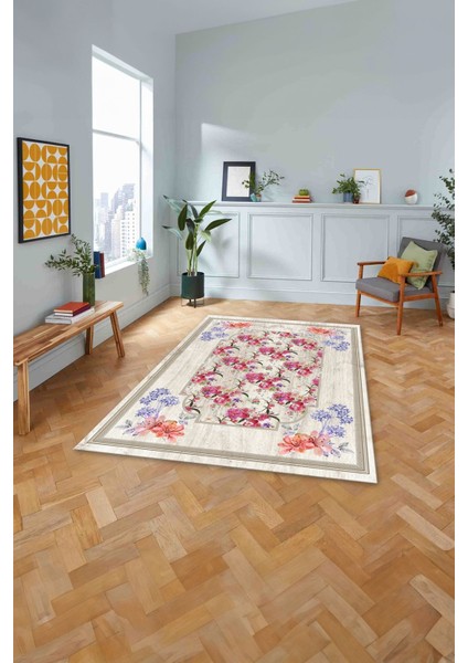 Baskılı Modern Çerçeveli Çiçekli Yıkanabilir Kaymaz Yolluk Mutfak Salon Halısı, MODERN-209-RENKLİ,