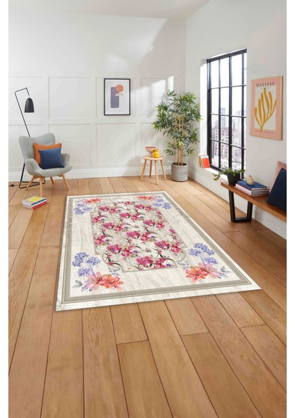 Baskılı Modern Çerçeveli Çiçekli Yıkanabilir Kaymaz Yolluk Mutfak Salon Halısı, MODERN-209-RENKLİ,