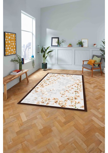 Baskılı Modern Çerçeveli Çiçek Desen Yıkanabilir Kaymaz Yolluk Mutfak Salon HALISI,MODERN-213-KAHVE,