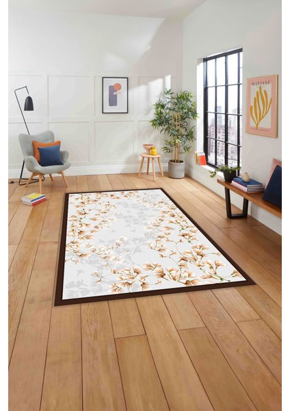 Baskılı Modern Çerçeveli Çiçek Desen Yıkanabilir Kaymaz Yolluk Mutfak Salon HALISI,MODERN-213-KAHVE,