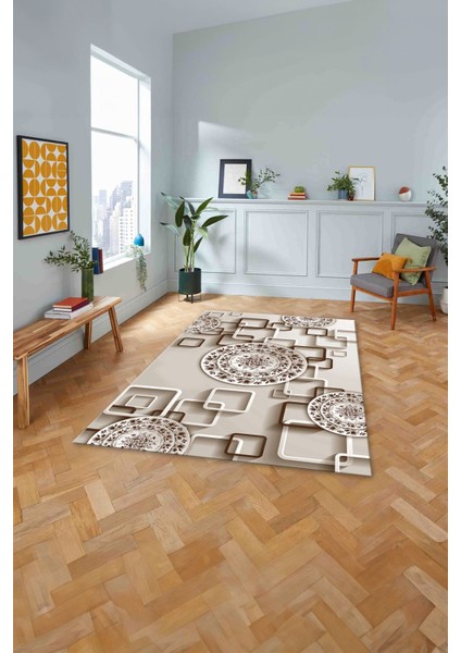 Baskılı Modern Çiçek Motifli Yıkanabilir Kaymaz Yolluk Mutfak Salon Halısı, MODERN-212-KAHVE,
