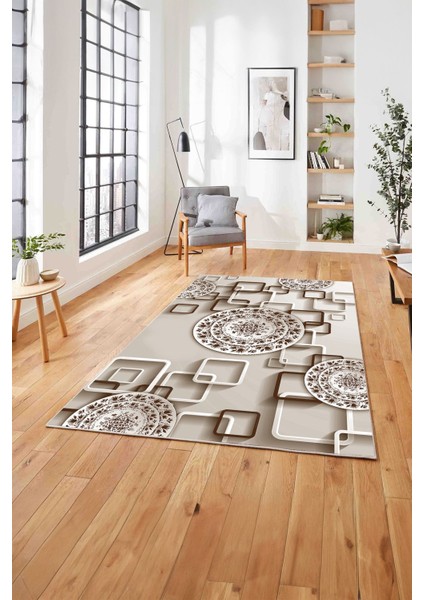 Baskılı Modern Çiçek Motifli Yıkanabilir Kaymaz Yolluk Mutfak Salon Halısı, MODERN-212-KAHVE,