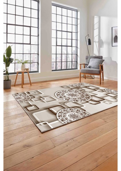 Baskılı Modern Çiçek Motifli Yıkanabilir Kaymaz Yolluk Mutfak Salon Halısı, MODERN-212-KAHVE,
