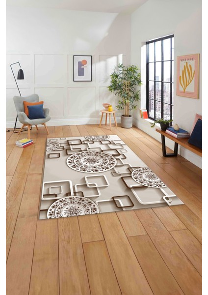 Baskılı Modern Çiçek Motifli Yıkanabilir Kaymaz Yolluk Mutfak Salon Halısı, MODERN-212-KAHVE,