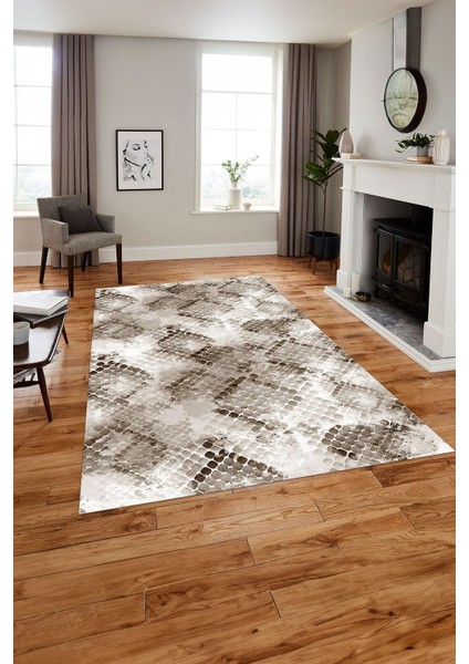 Baskılı Modern Kare Motifli Yıkanabilir Kaymaz Yolluk Mutfak Salon Halısı, MODERN-211-KAHVE,