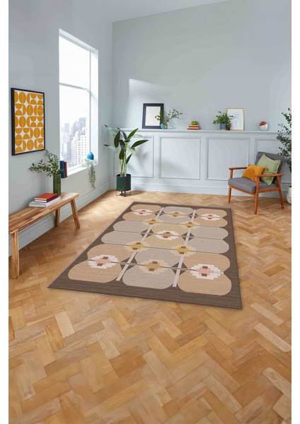 Baskılı Modern Sade Etnik Model Yıkanabilir Kaymaz Yolluk Mutfak Salon Halısı, MODERN-220-KAHVE,
