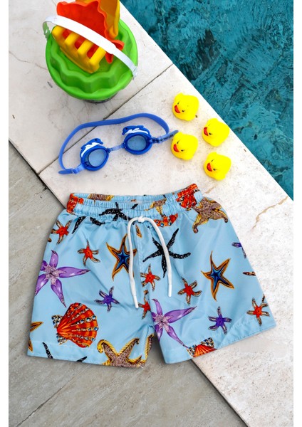 Erkek Çocuk Deniz Yıldızı Baskılı Bel Bağcıklı Deniz Şortu