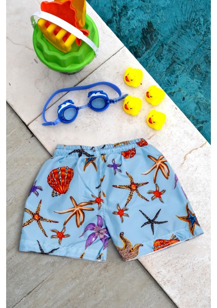 Erkek Çocuk Deniz Yıldızı Baskılı Bel Bağcıklı Deniz Şortu modelleri