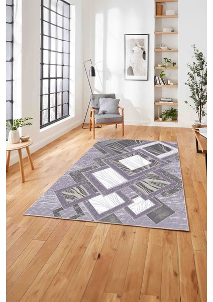Baskılı Modern Kare Desenli Yıkanabilir Kaymaz Yolluk Mutfak Salon Halısı, Modern-122-Mor, modelleri