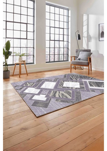 Baskılı Modern Kare Desenli Yıkanabilir Kaymaz Yolluk Mutfak Salon Halısı, Modern-122-Mor, fırsatları