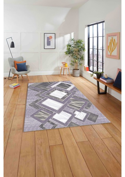 Baskılı Modern Kare Desenli Yıkanabilir Kaymaz Yolluk Mutfak Salon Halısı, Modern-122-Mor, indirimleri