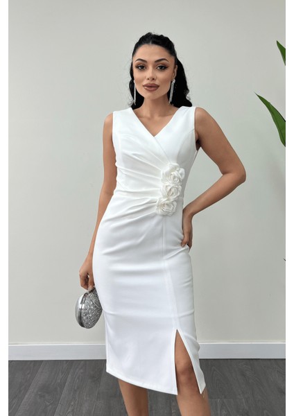 Atlas Kumaş Gül Detaylı Kalem Elbise - Beyaz modelleri