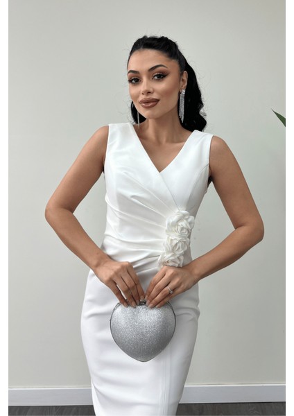 Atlas Kumaş Gül Detaylı Kalem Elbise - Beyaz fırsatları