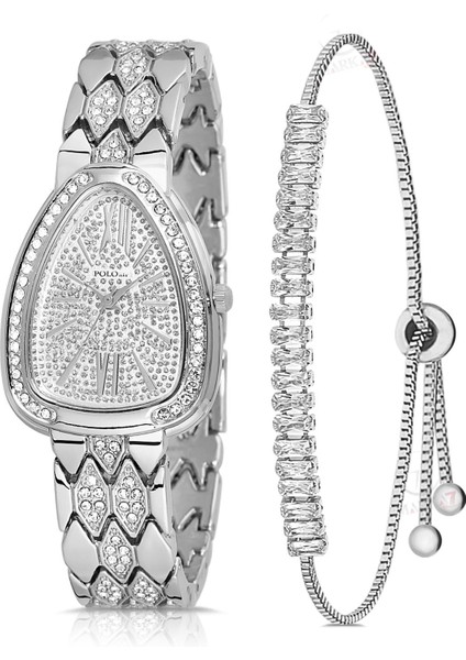 Yılan Desen Taşlı Kadın Kol Saati Zirkon Taşlı Baget Bileklik Kombin Gümüş Renk PL-1520B2