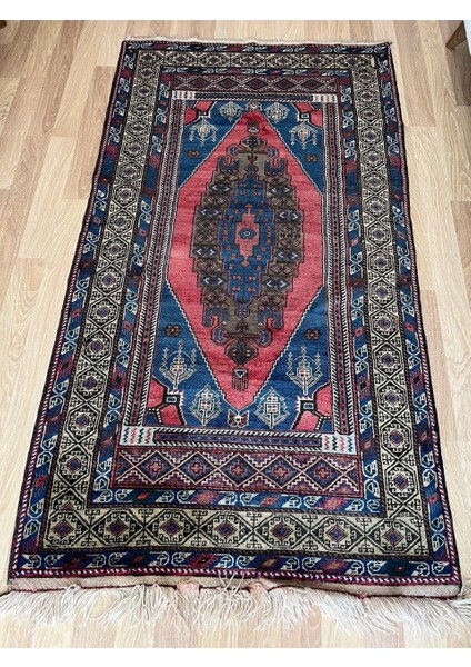 110X203 cm El Dokuma Nostaljik Kilim, Kırmız-Mavi Türk Halısı, Harika Kondisyonlu Uşak Halısı