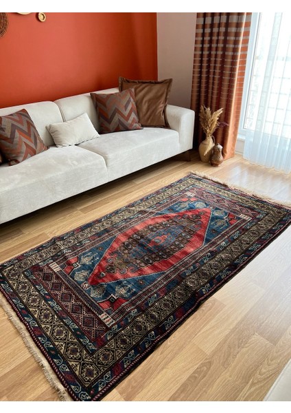 110X203 cm El Dokuma Nostaljik Kilim, Kırmız-Mavi Türk Halısı, Harika Kondisyonlu Uşak Halısı indirimleri