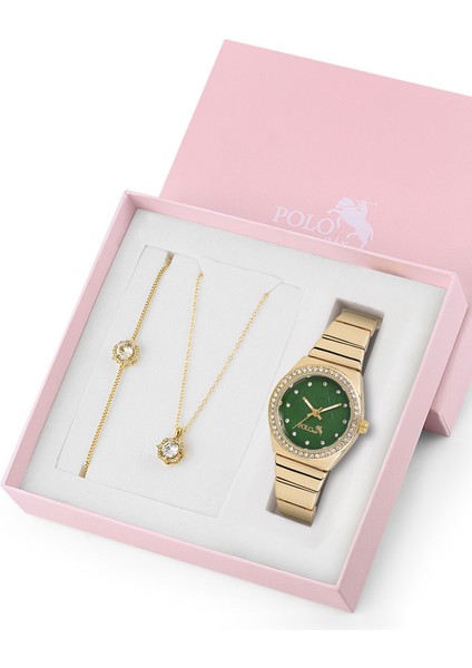 Lüx Taşlı Kadın Kol Saati Zirkon Taşlı Kolye Bileklik Özel Kombin Set Gold Yeşil Renk ST-2158S3