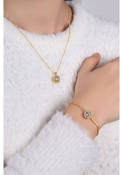 Lüx Taşlı Kadın Kol Saati Zirkon Taşlı Kolye Bileklik Özel Kombin Set Gold Yeşil Renk ST-2158S3 modelleri