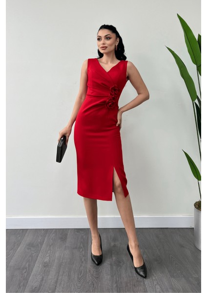 Atlas Kumaş Gül Detaylı Kalem Elbise - Kırmızı fiyatları