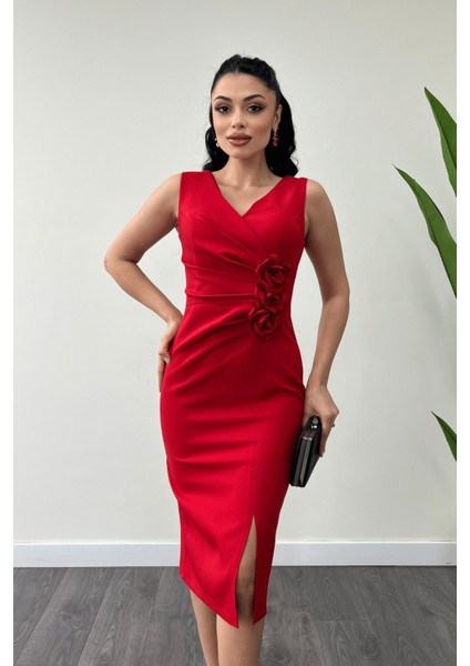 Atlas Kumaş Gül Detaylı Kalem Elbise - Kırmızı modelleri