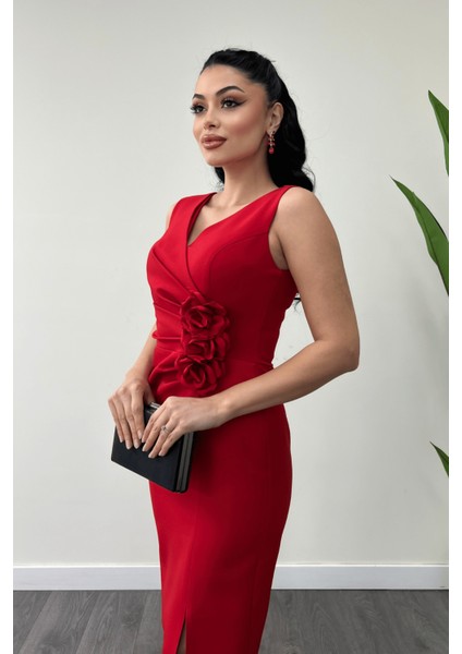 Atlas Kumaş Gül Detaylı Kalem Elbise - Kırmızı fırsatları