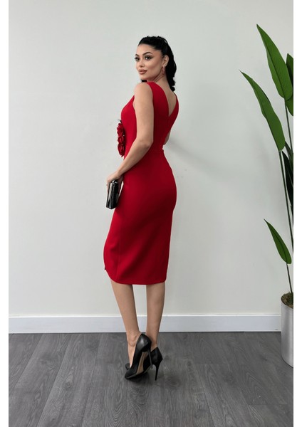 Atlas Kumaş Gül Detaylı Kalem Elbise - Kırmızı indirimleri