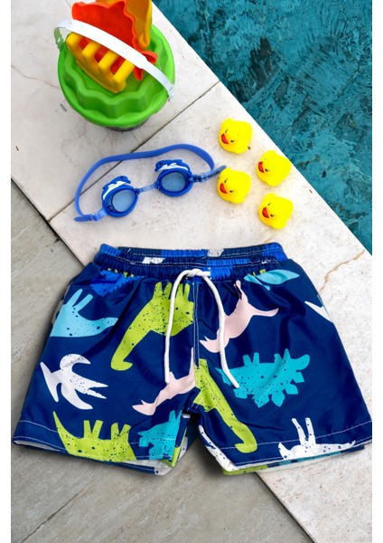 Erkek Çocuk Büyük Dinazor Baskılı Bel Bağcıklı Deniz Şortu