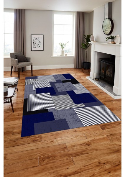 Baskılı Modern Sade Dekoratif Yıkanabilir Kaymaz Yolluk Mutfak Salon Halısı, Modern-141-Lacivert,