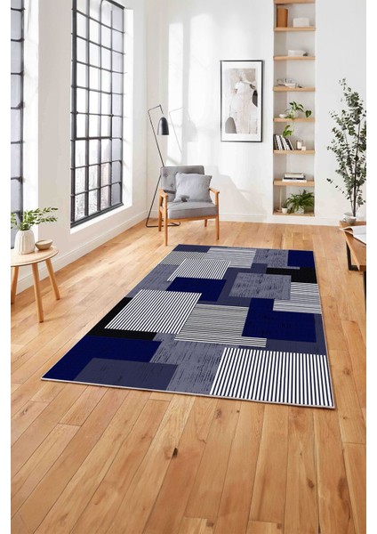 Baskılı Modern Sade Dekoratif Yıkanabilir Kaymaz Yolluk Mutfak Salon Halısı, Modern-141-Lacivert, modelleri