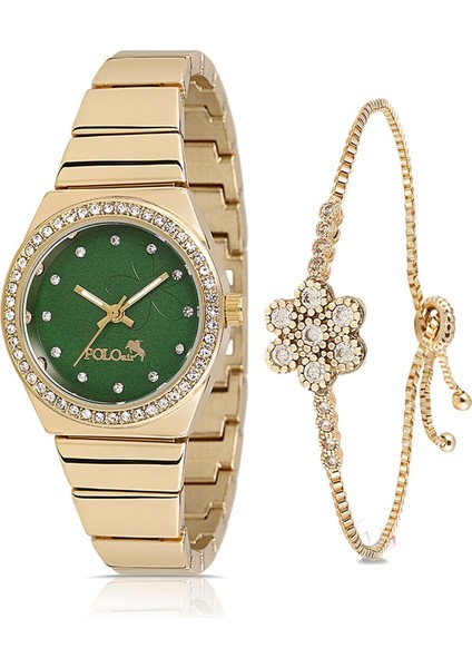 Tek Sıra Lüx Taşlı Kadın Kol Saati Zirkon Taşlı Çiçek Bileklik Gold-Yeşil PL-1490B3