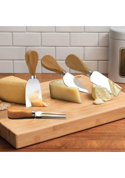 Bambu Saplı Çelik Peynir Bıçağı Seti | 4'lü Bıçak Seti Tereyağı,peynir Bıçağı Spatula Çatal Set