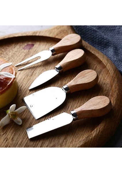 Bambu Saplı Çelik Peynir Bıçağı Seti | 4'lü Bıçak Seti Tereyağı,peynir Bıçağı Spatula Çatal Set