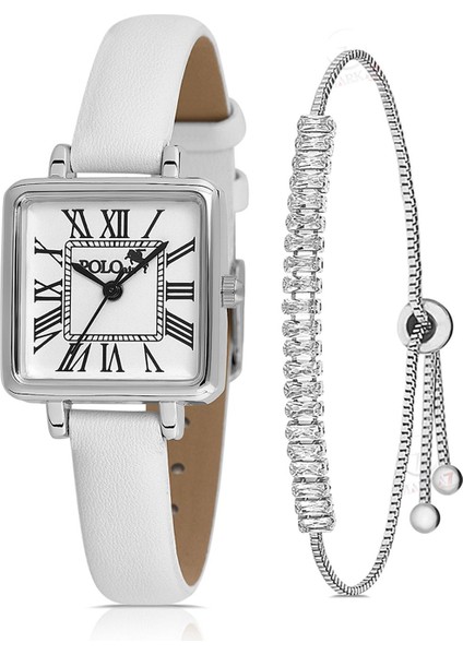 Kare Kasa Deri Kordon Kadın Kol Saati Zirkon Taşlı Baget Bileklik Beyaz-Gümüş PL-1484B2