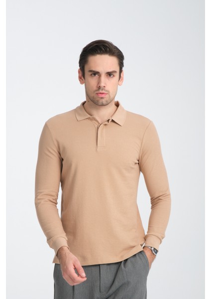 Gavix Erkek Bej %100 Pamuk Damla Örgülü Çekmeyen Esneyen Kumaş Slim Fit Uzun Kol Polo Tişört