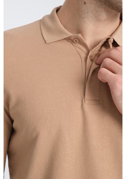 Gavix Erkek Bej %100 Pamuk Damla Örgülü Çekmeyen Esneyen Kumaş Slim Fit Uzun Kol Polo Tişört