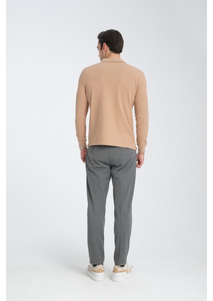 Gavix Erkek Bej %100 Pamuk Damla Örgülü Çekmeyen Esneyen Kumaş Slim Fit Uzun Kol Polo Tişört