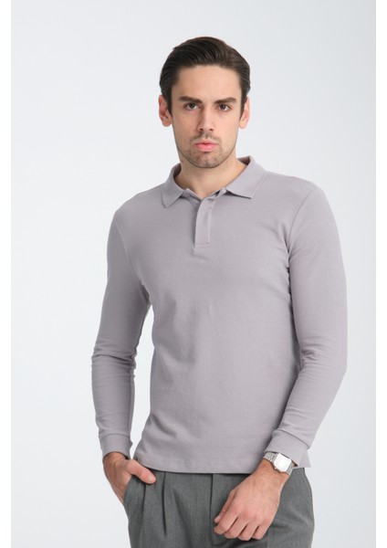 Gavix Erkek Gri %100 Pamuk Damla Örgülü Çekmeyen Esneyen Kumaş Slim Fit Uzun Kol Polo Tişört