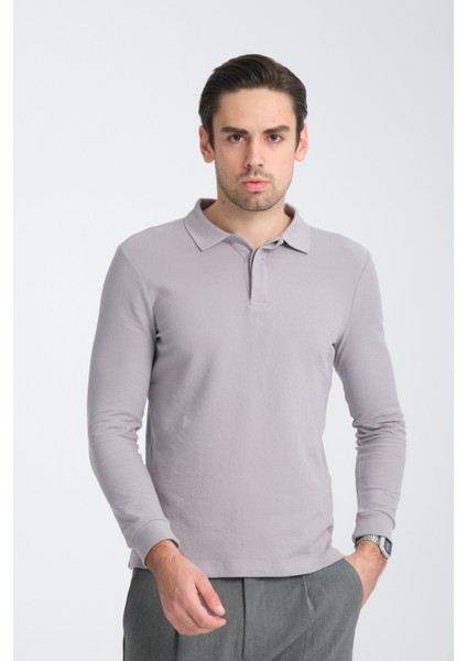 Gavix Erkek Gri %100 Pamuk Damla Örgülü Çekmeyen Esneyen Kumaş Slim Fit Uzun Kol Polo Tişört