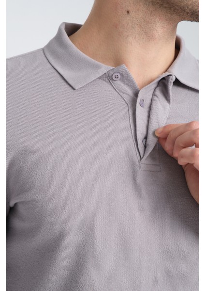 Gavix Erkek Gri %100 Pamuk Damla Örgülü Çekmeyen Esneyen Kumaş Slim Fit Uzun Kol Polo Tişört