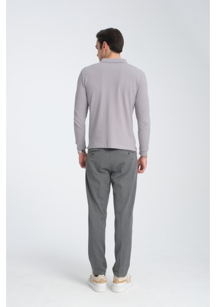 Gavix Erkek Gri %100 Pamuk Damla Örgülü Çekmeyen Esneyen Kumaş Slim Fit Uzun Kol Polo Tişört