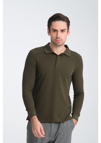Gavix Erkek Haki %100 Pamuk Damla Örgülü Çekmeyen Esneyen Kumaş Slim Fit Uzun Kol Polo Tişört