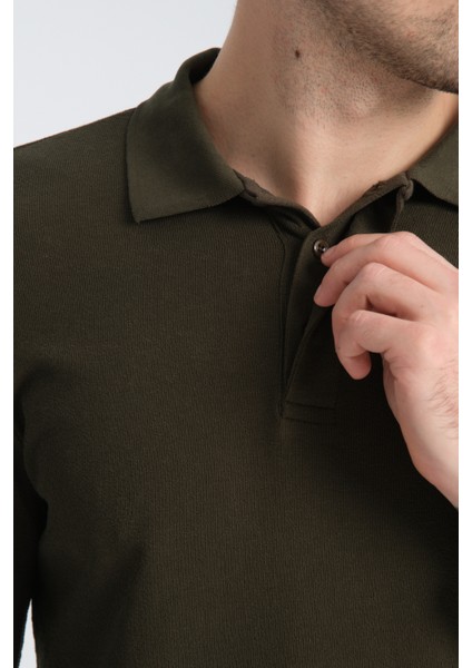 Gavix Erkek Haki %100 Pamuk Damla Örgülü Çekmeyen Esneyen Kumaş Slim Fit Uzun Kol Polo Tişört